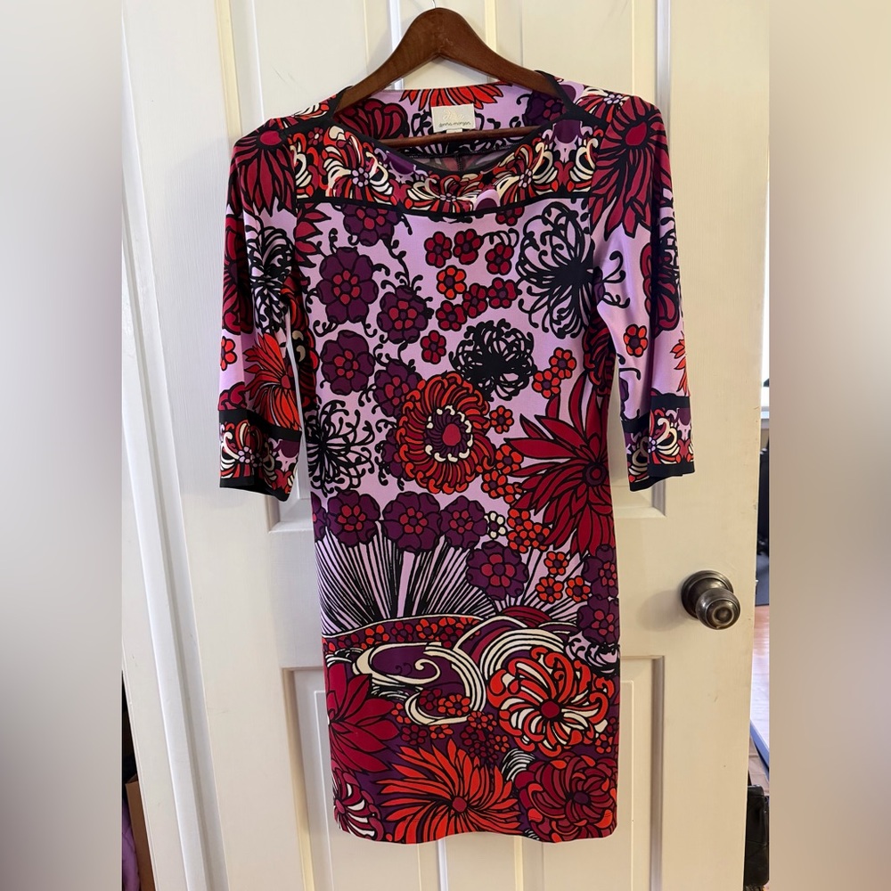 Donna Morgan Floral Print 3/4 Sleeve Boatneck Dress